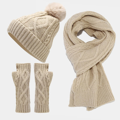 3Pcs Women's Cable Knitted Hat Scarf Fingerless Mittens Set