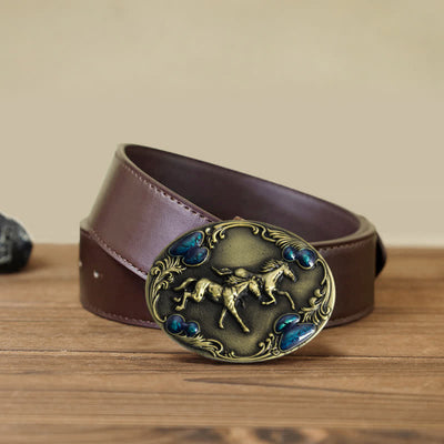 Men's DIY Running Horses Turquoise Bead Buckle Leather Belt