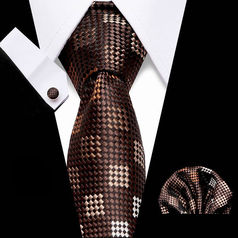 3Pcs Men's Brown & Champagne Checkerboard Necktie Set