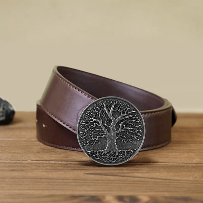 Men's DIY Tree of Life Round Buckle Leather Belt