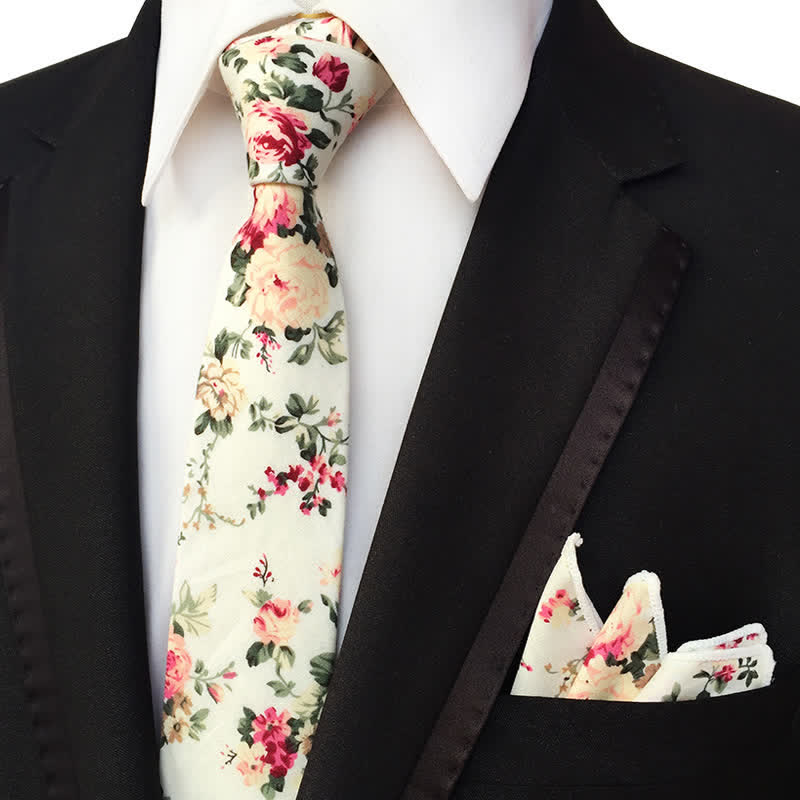 2Pcs Men's Pastel Flower Hanky Necktie Set