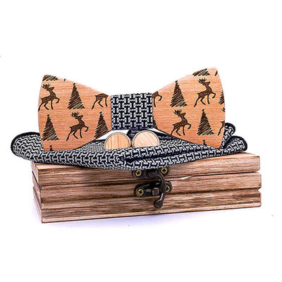 3Pcs Men's Christmas Tree Deer Pattern Wooden Bow Tie Set