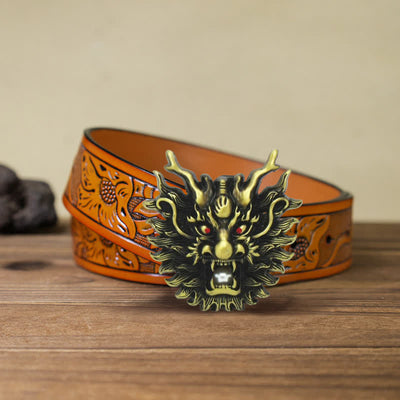 Men's DIY Fiery Dragon White Pearl Buckle Leather Belt