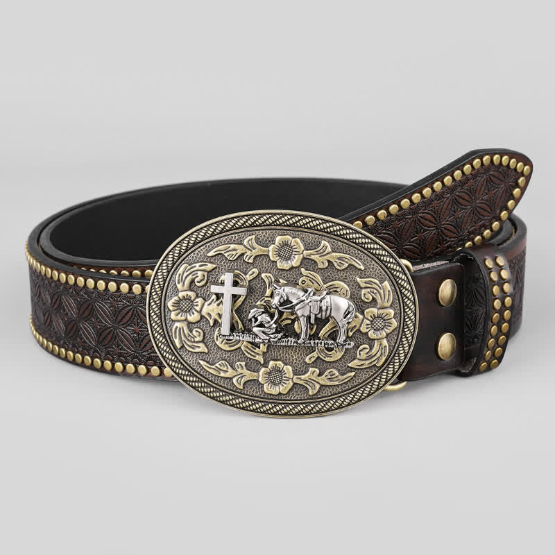 Men's Cross Horse Decor Oval Buckle Leather Belt