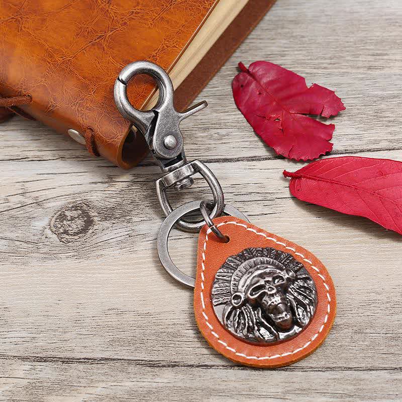 Indian Skull Charm Pendant Leather Keychain