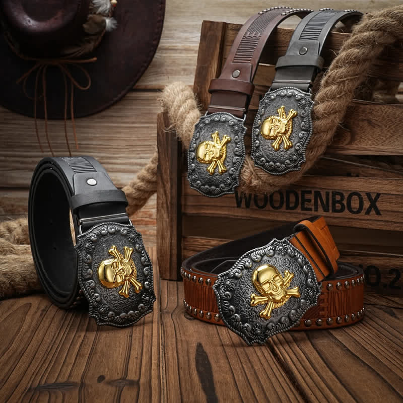 Men's Punk Skull Buckle Rivet Studded Leather Belt