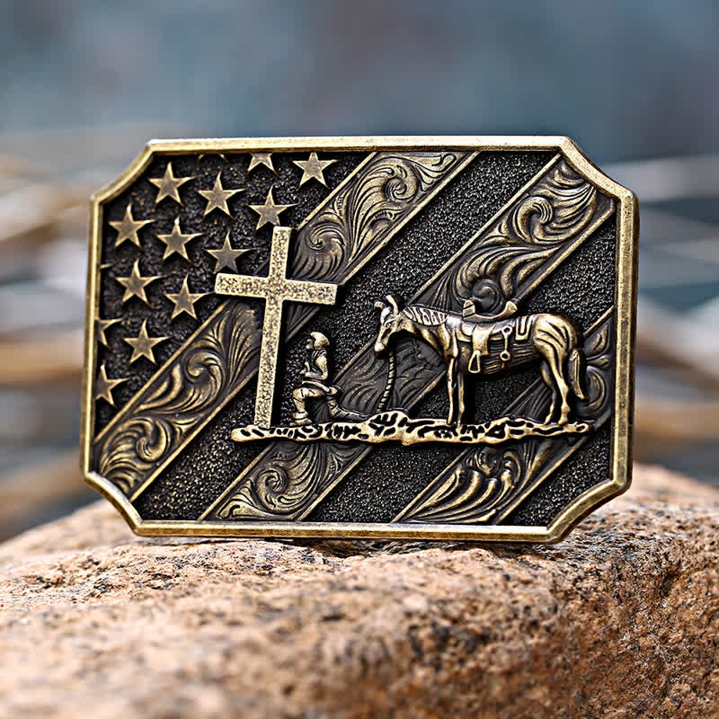 Men's DIY American Flag Cross Prayer Horse Buckle Leather Belt