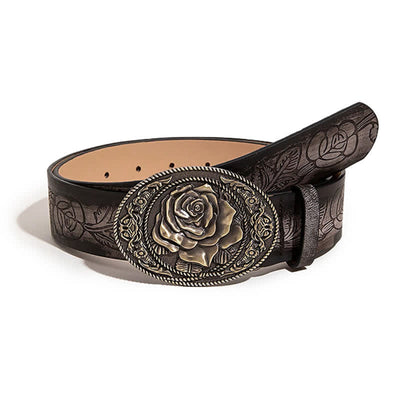 Western Style Rose Shaped Buckle Printed Leather Belt