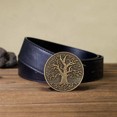 Men's DIY Tree of Life Round Buckle Leather Belt