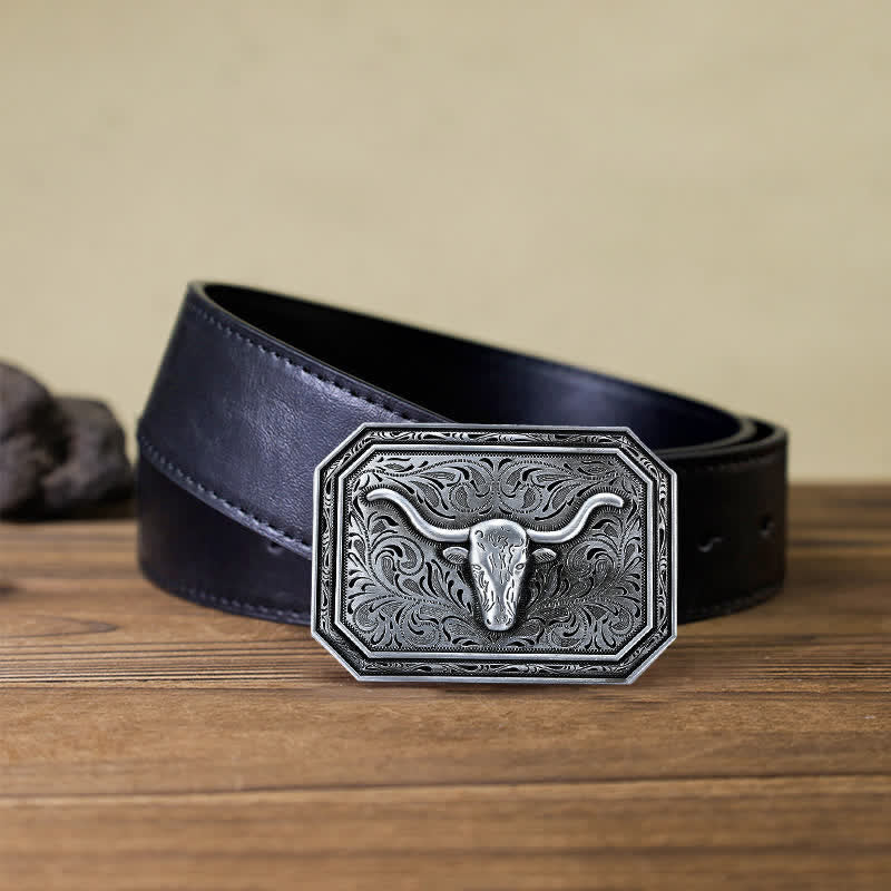 Men's DIY Simple Longhorn Bull Head Buckle Leather Belt