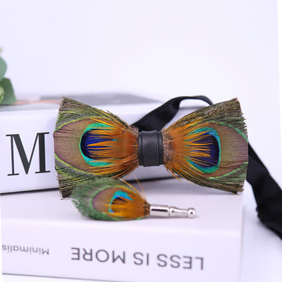 Green Peafowl Eyes Feather Bow Tie with Lapel Pin