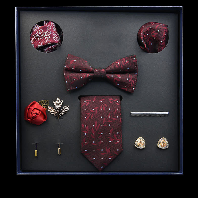 8Pcs Burgundy Vintage Leaf Necktie Bow Ties Gift Box