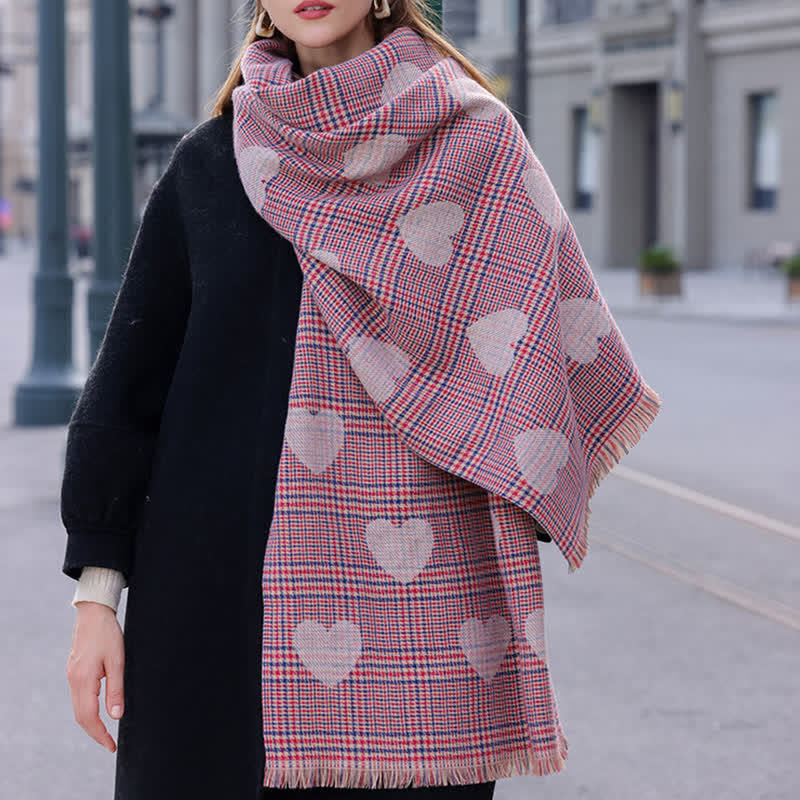 Women's Dual-sided Color Block Heart Plaid Scarf