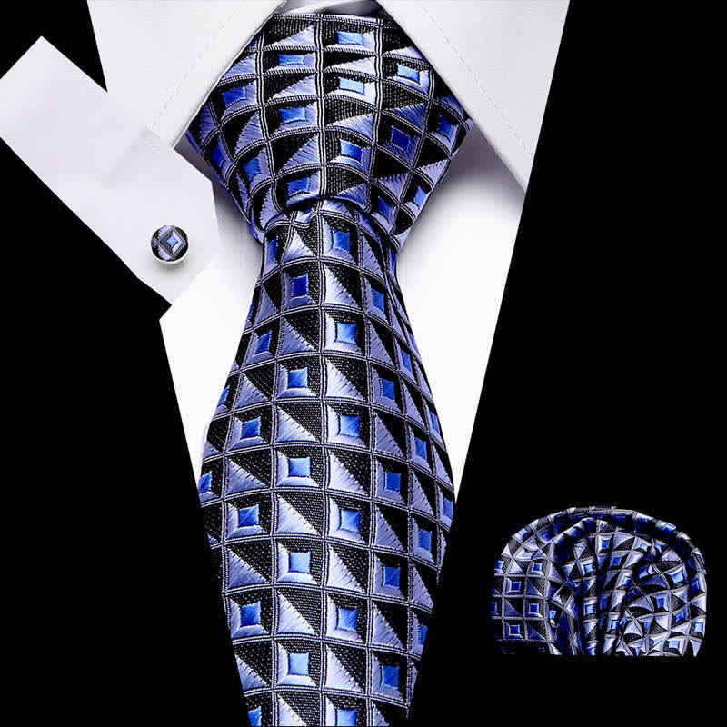 3Pcs Men's Fantasy Blue & Black Diamond Necktie Set