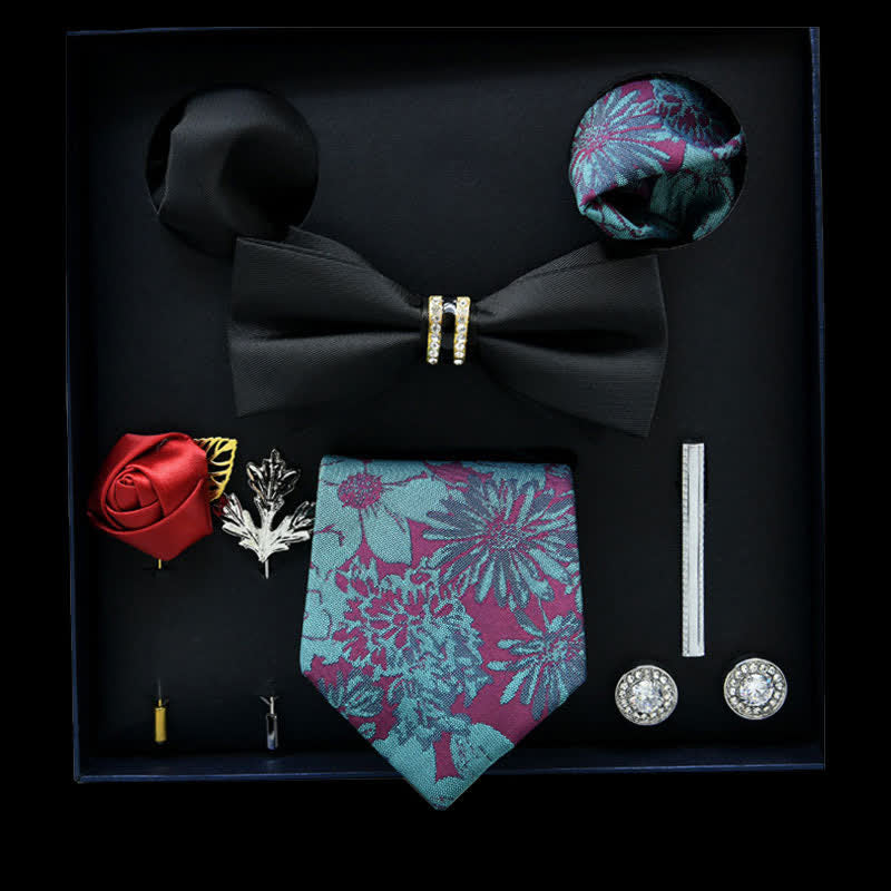 8Pcs Black&SkyBlue Floral Casual Necktie Bow Ties Gift Box