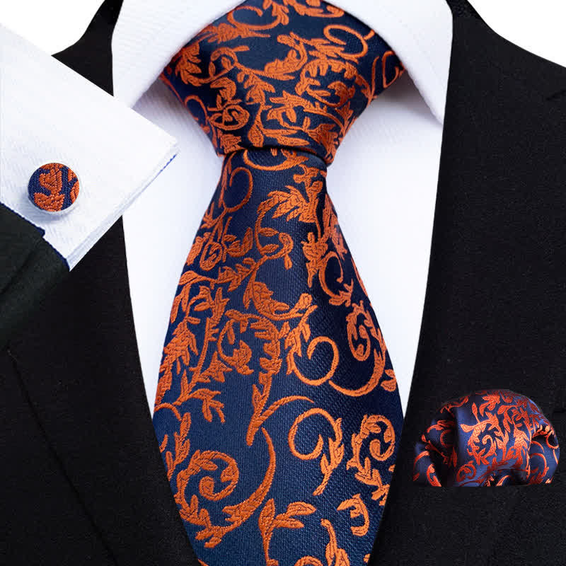 3Pcs Men's Orange Vine & Navy Necktie Set