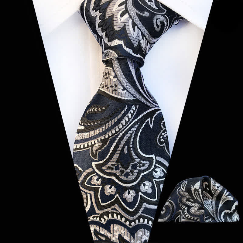 2Pcs Black & White Men's Paisley Cravat Necktie Set