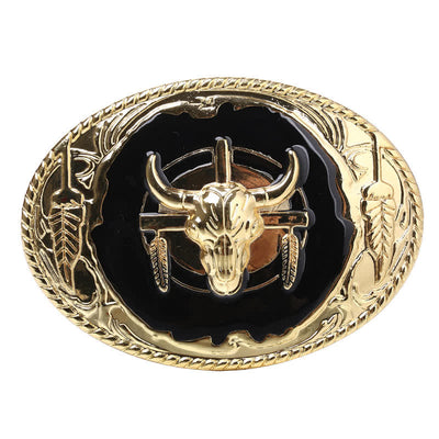 Men's DIY Gold Black Bull Head Buckle Leather Belt