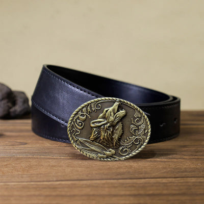 Men's DIY Howling Wolf Head Buckle Leather Belt