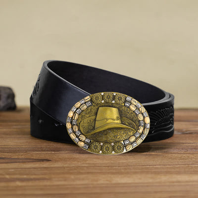 Men's DIY Gold Cowboy Hat Beads Decor Buckle Leather Belt