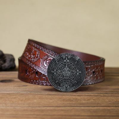 Men's DIY Aztec Mayan Big Round Buckle Leather Belt