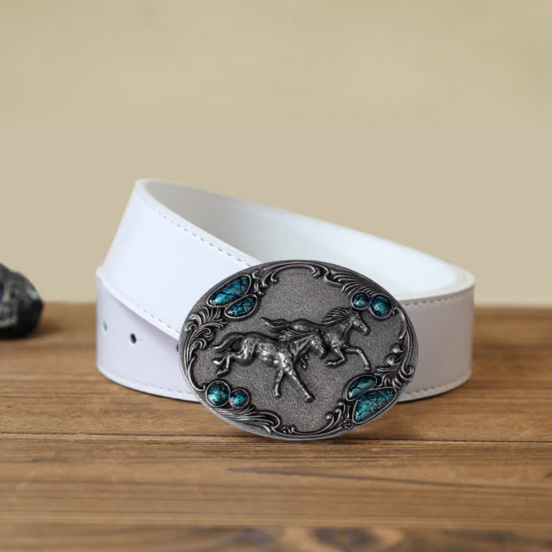 Men's DIY Running Horses Turquoise Bead Buckle Leather Belt