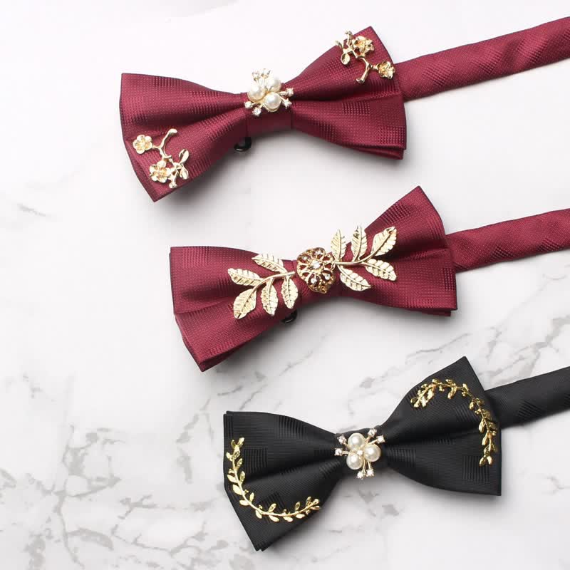 Men's Gold Leaves Pearl Floral Bow Tie