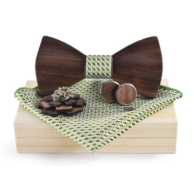 4Pcs Men's Vintage Black Wooden Bow Tie Set