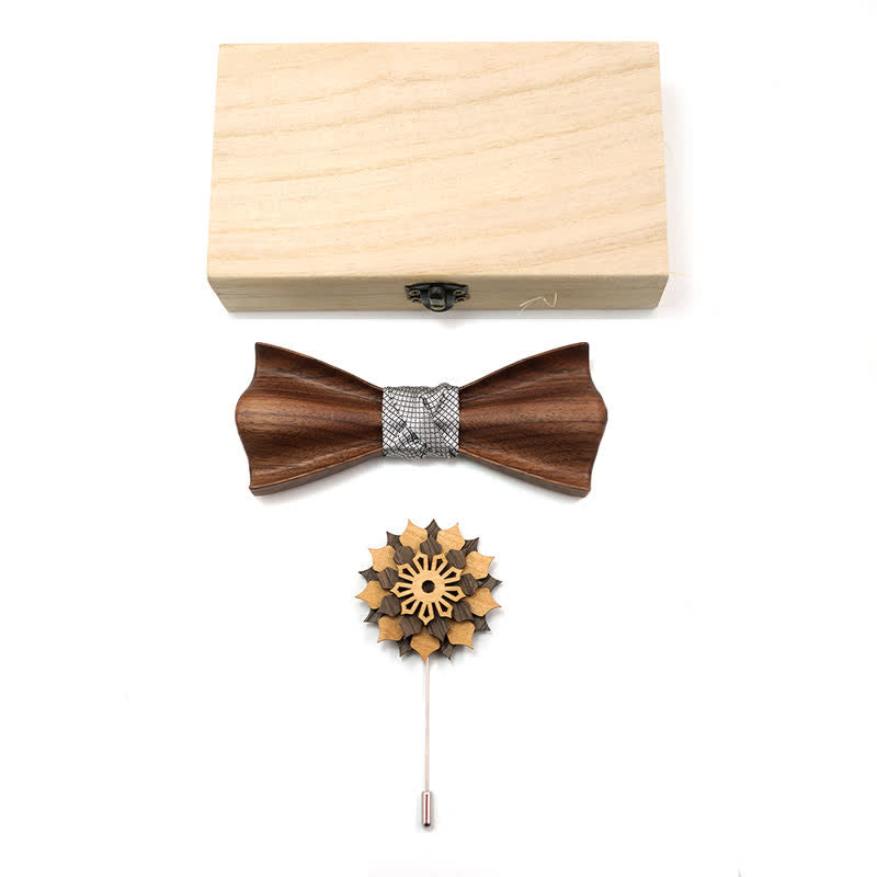 2Pcs Men's 3D Embossment Wooden Bow Tie Set