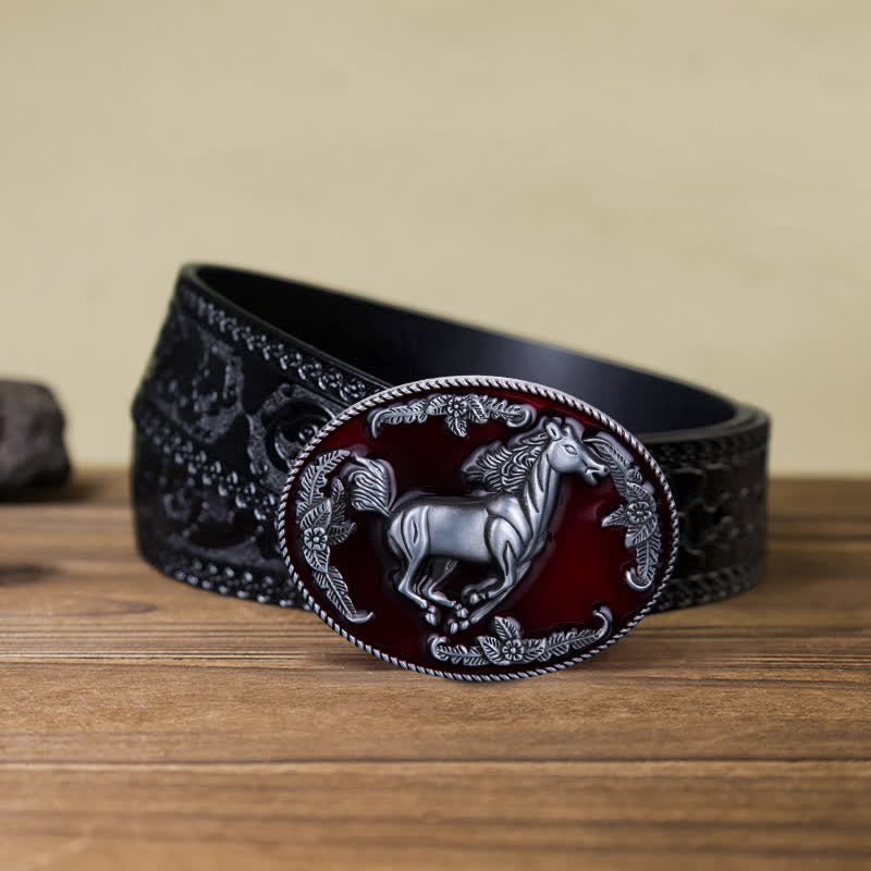 Men's DIY Red Enamel Running Horse Buckle Leather Belt