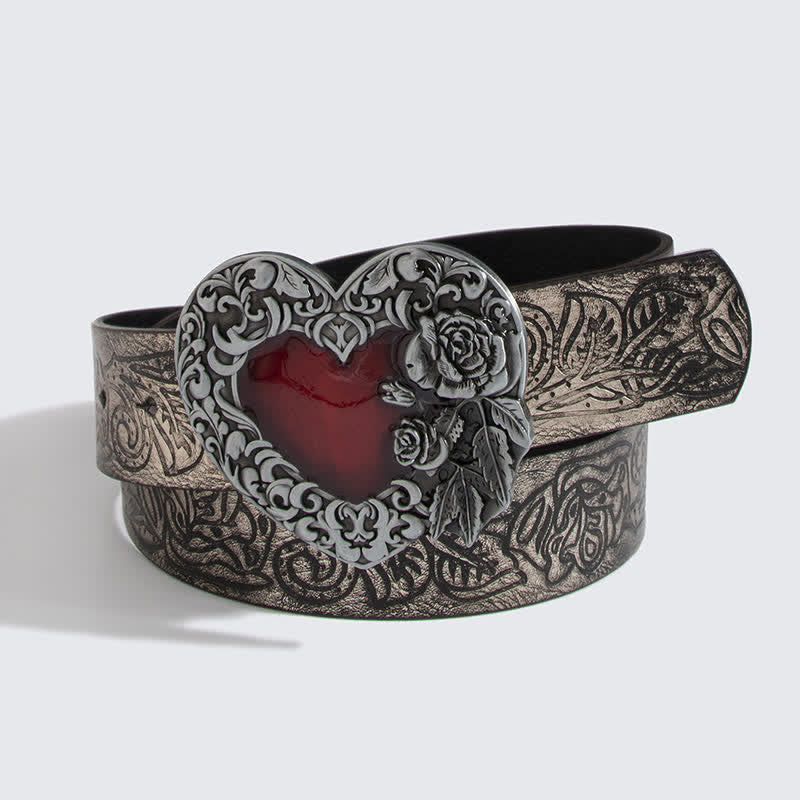 Women's Embossed Rose Red Enamel Heart Leather Belt