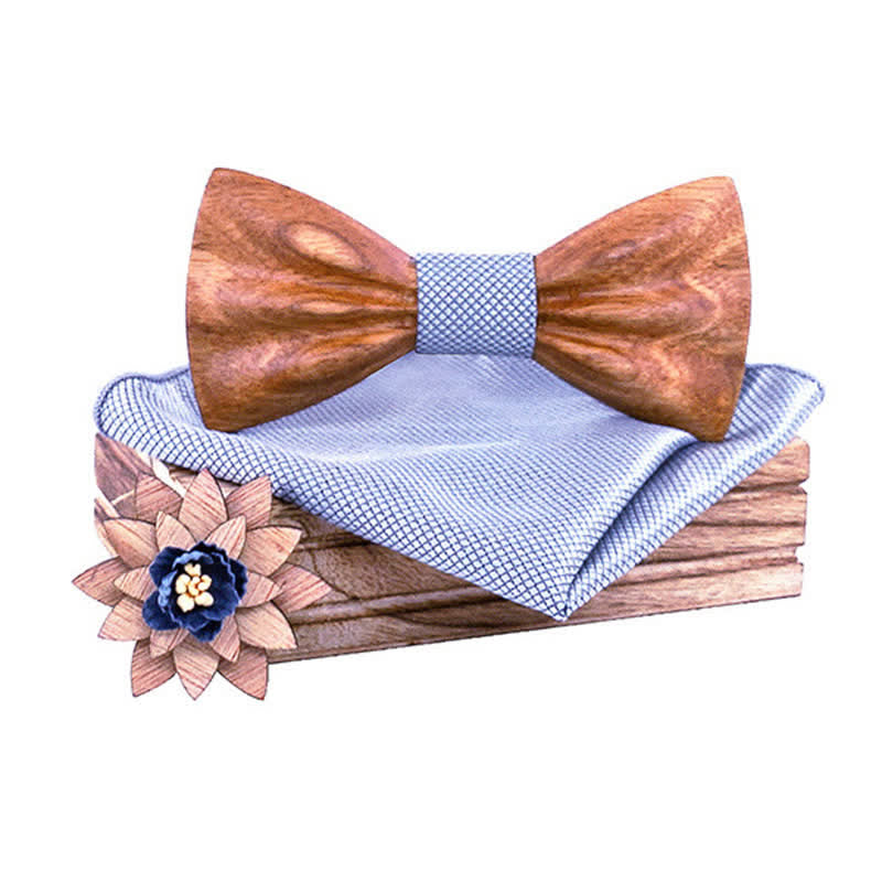 3Pcs Men's Hand Carved Crease Wooden Bow Tie Set