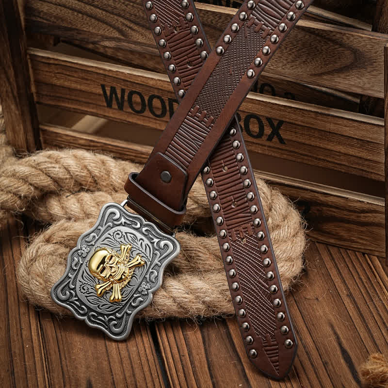 Men's Punk Skull Buckle Rivet Studded Leather Belt