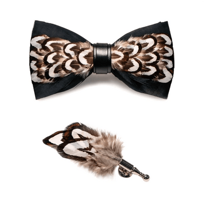 Black & Brown Desert Gobi Feather Bow Tie with Lapel Pin