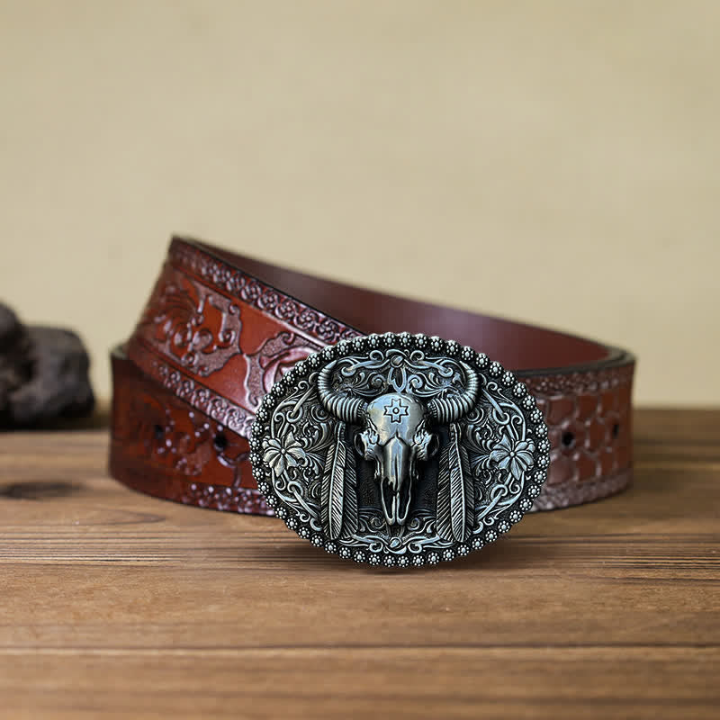 Men's DIY Bull Ethnic Feather Decor Buckle Leather Belt