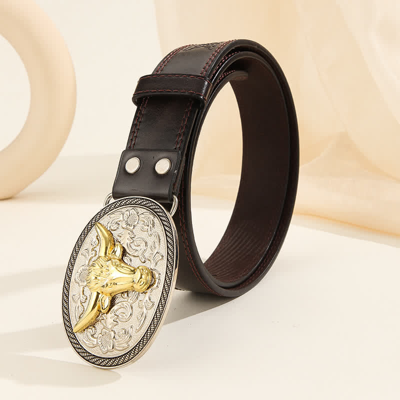 Men's Casual Golden Bull Head Floral Buckle Leather Belt