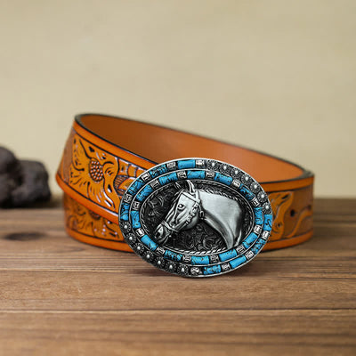 Men's DIY Horse Head Turquoise Buckle Leather Belt