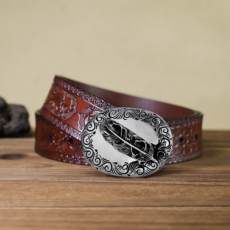 Men's DIY Charming Carved Feather Buckle Leather Belt