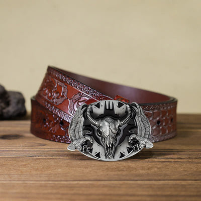 Men's DIY Vintage Bull & Dual Eagles Buckle Leather Belt