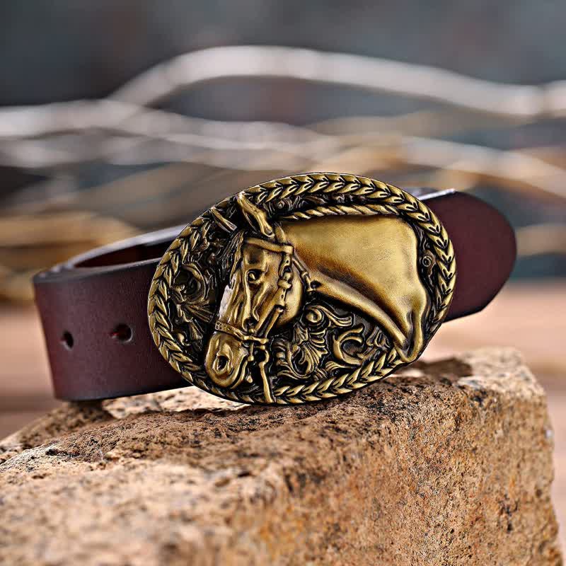 Men's DIY Engraved Horse Head Buckle Leather Belt