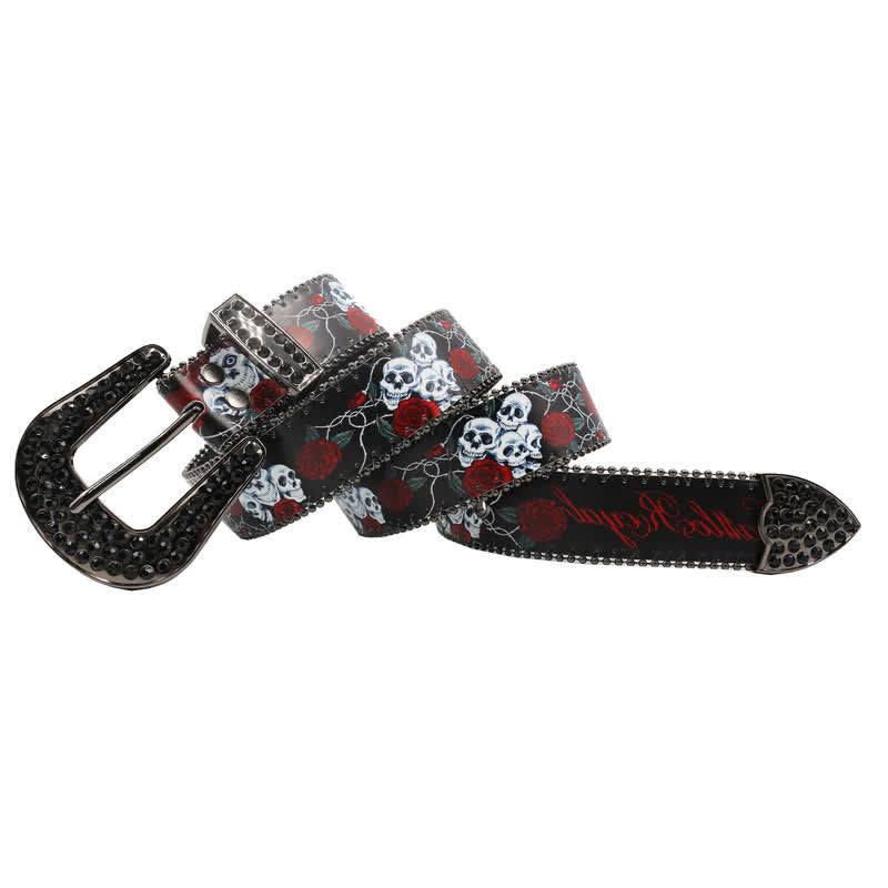 Gothic Rhinestones Skeleton Rose Printed Leather Belt