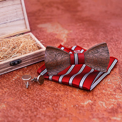 3Pcs Men's Black Walnut Paisley Wooden Bow Tie Set