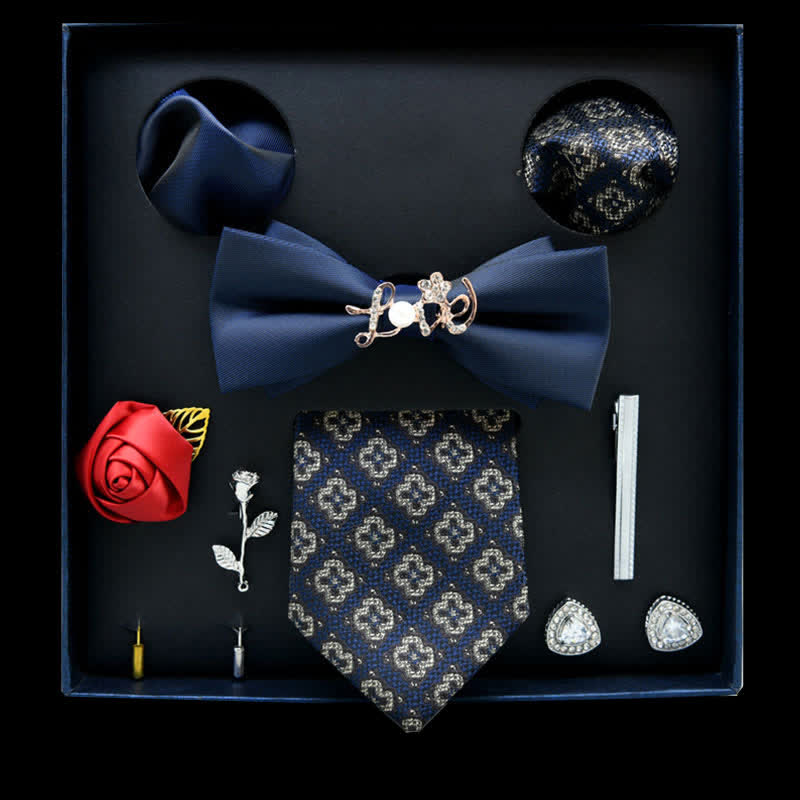 8Pcs Blue&White Floral Casual Necktie Bow Ties Gift Box