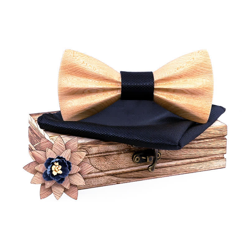 3Pcs Men's Hand Carved Crease Wooden Bow Tie Set