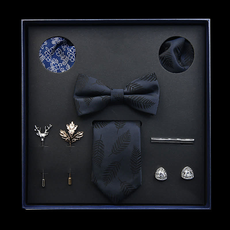 8Pcs Black Vintage Leaf Necktie Bow Ties Gift Box