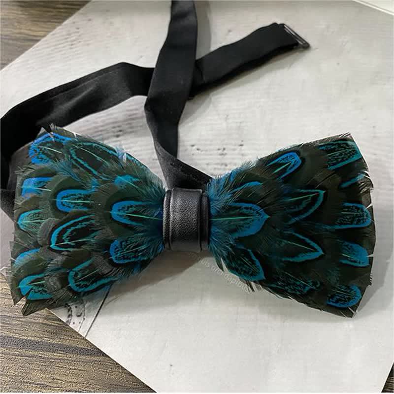 Teal & Black Peacock Feather Bow Tie with Lapel Pin