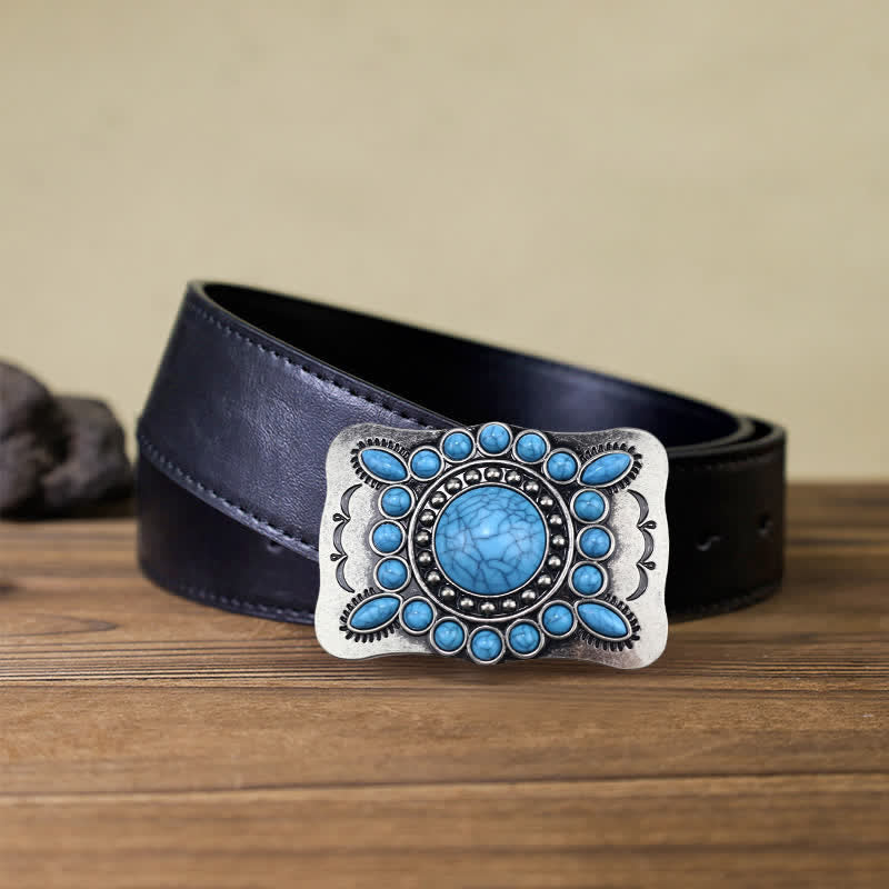 Men's DIY Rectangular Turquoise Stone Buckle Leather Belt