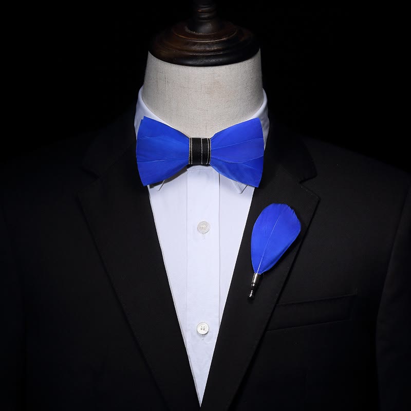 Solid Blue Mature Feather Bow Tie with Lapel Pin