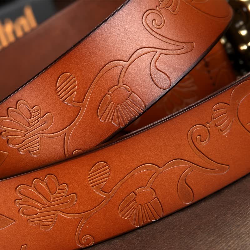 Women's Vintage Flower Hollow Buckle Embossed Leather Belt