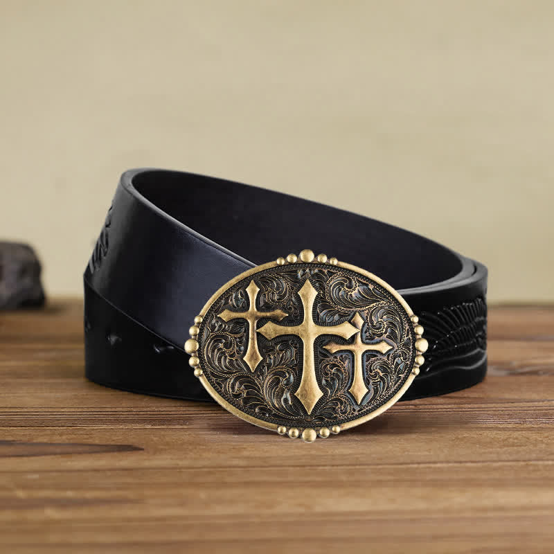 Men's DIY Three Crosses Attitude Buckle Leather Belt